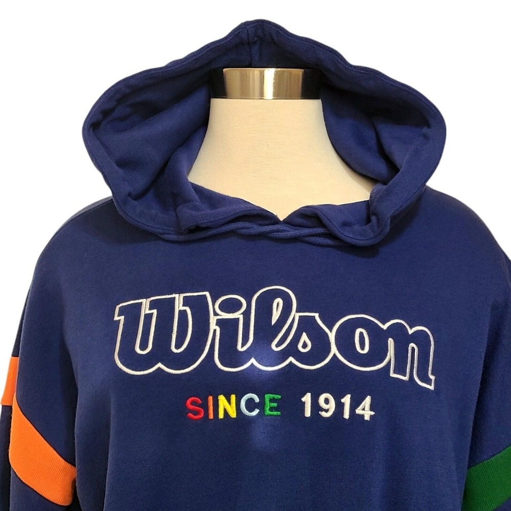Wilson Women's Cropped Hoodie Blue Embroidered Logo Retro Stripe Size M Tennis